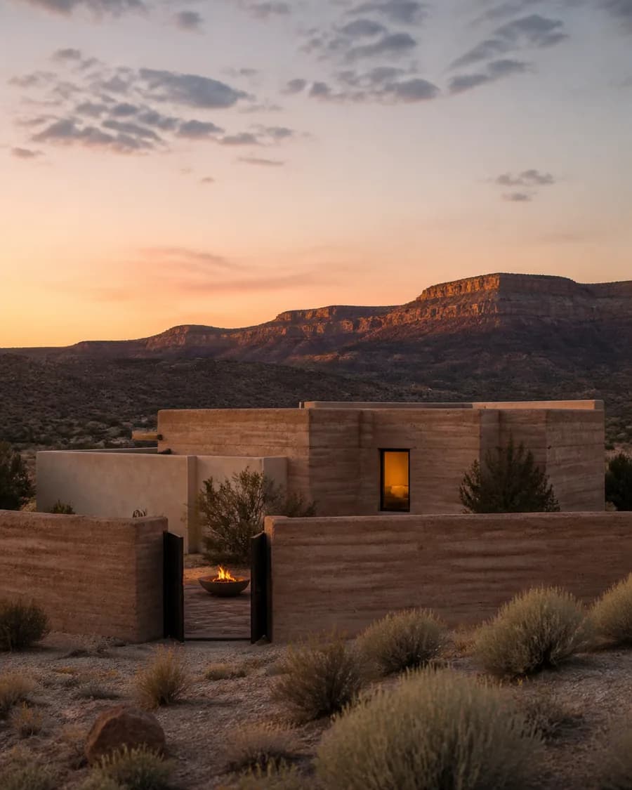 A small freestanding rammed-earth house at dusk with one warm window and a walled courtyard