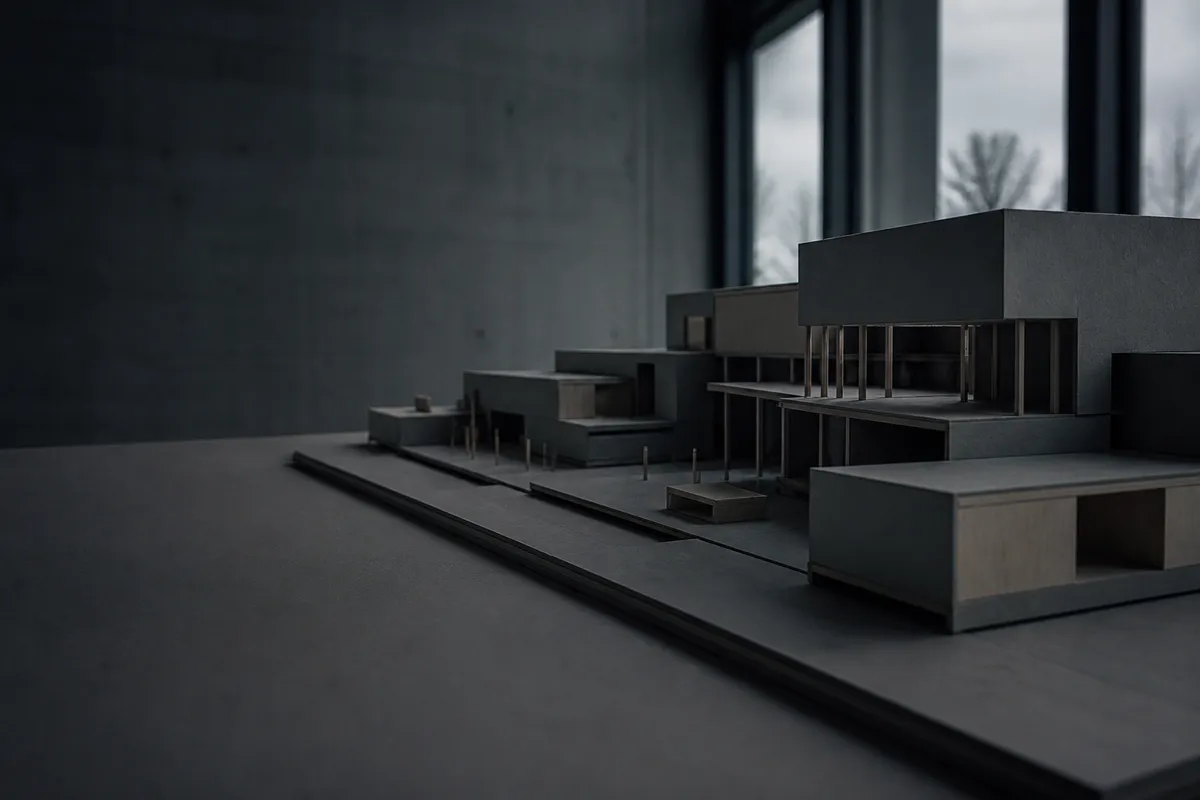 A physical architectural massing model in grey card and timber on a studio base board