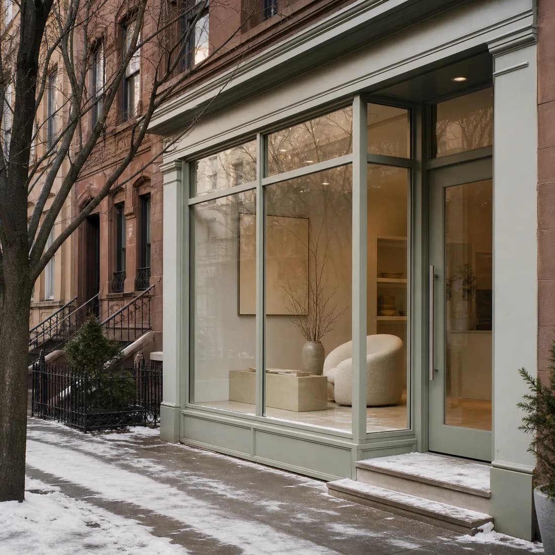 A studio shopfront on a quiet brownstone street