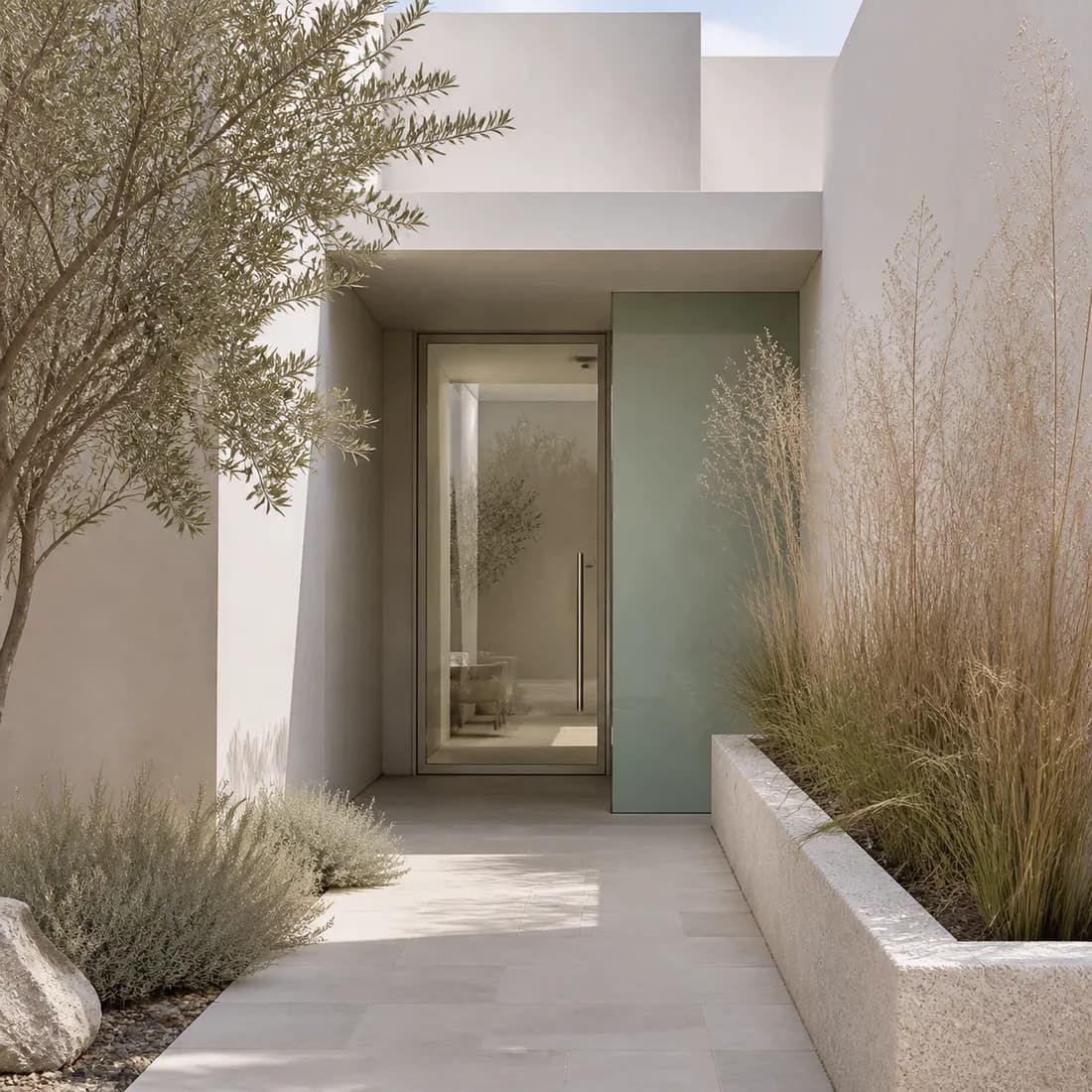 A courtyard entrance with pale plaster walls