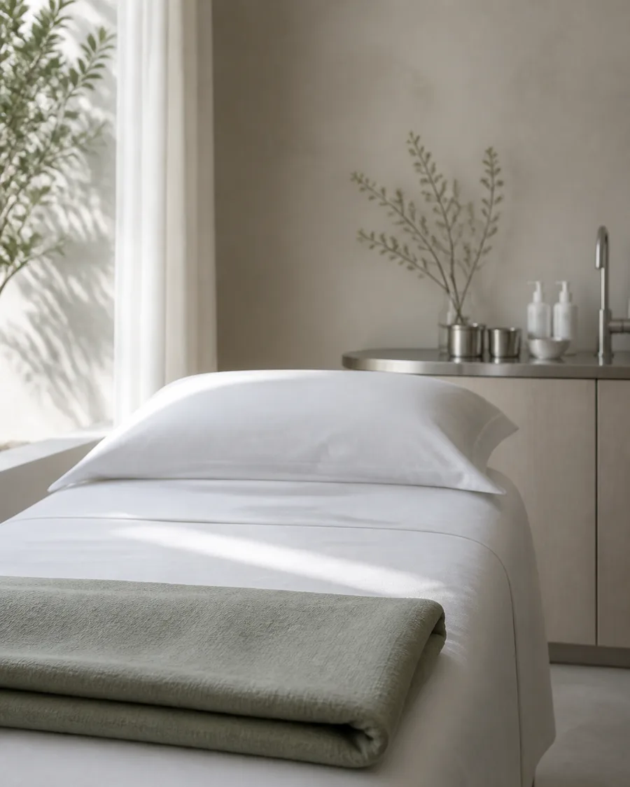A treatment bed made up with white linen and a folded sage blanket