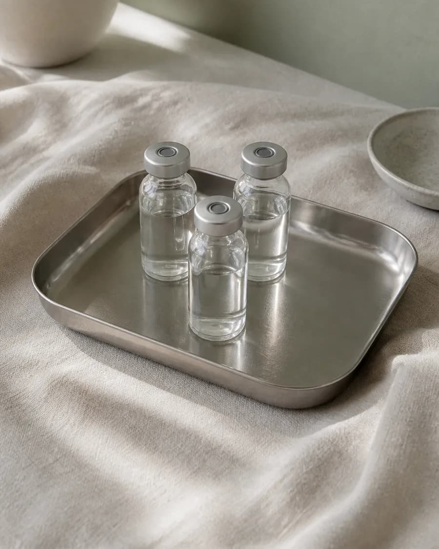 Three clear glass vials standing in a shallow steel tray on linen