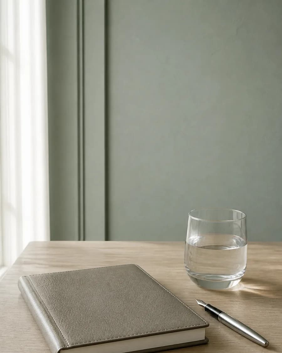 A closed leather notebook, a pen and a glass of water on a pale oak desk