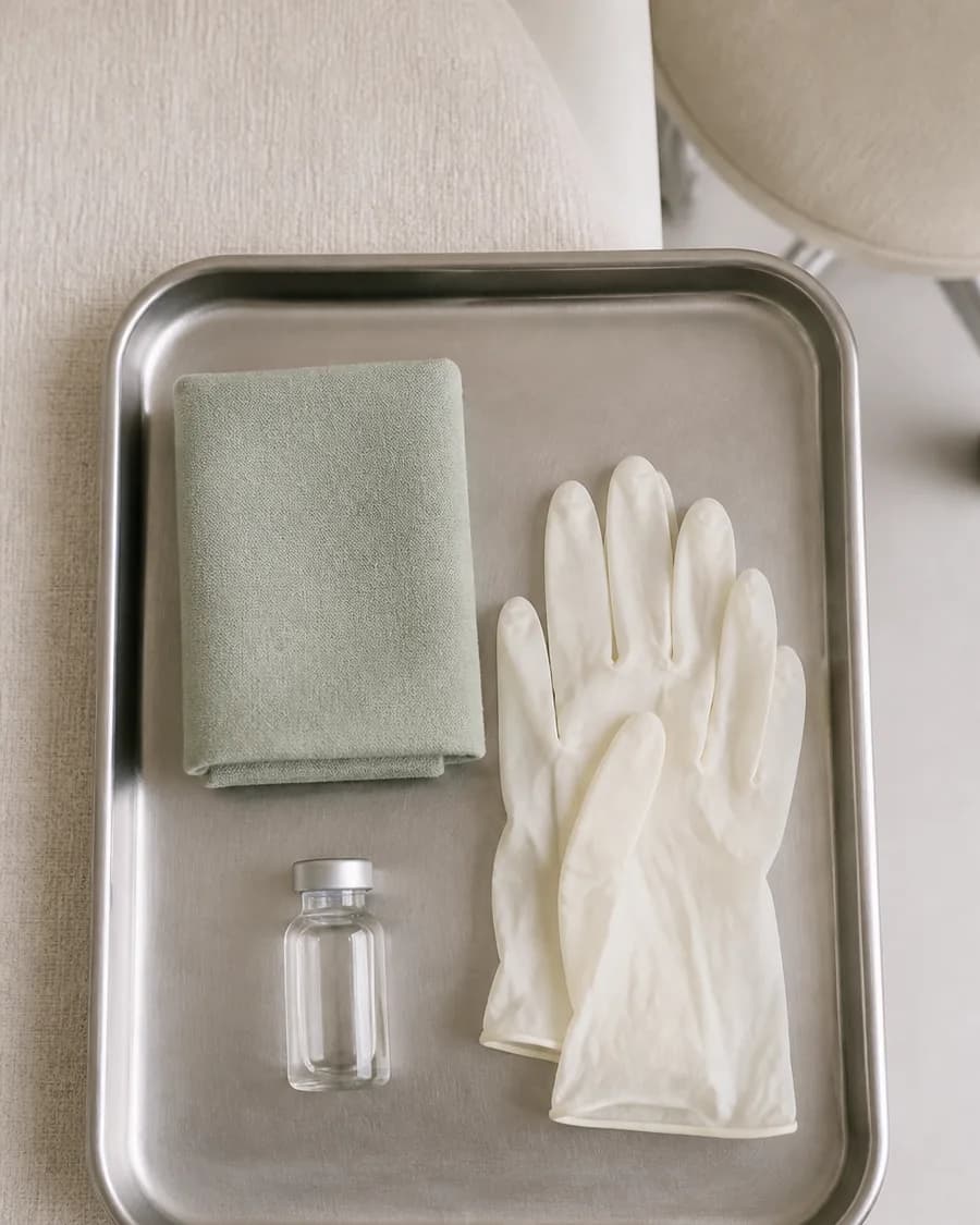 A brushed steel tray holding a folded sage cloth, a small glass vial and clean gloves
