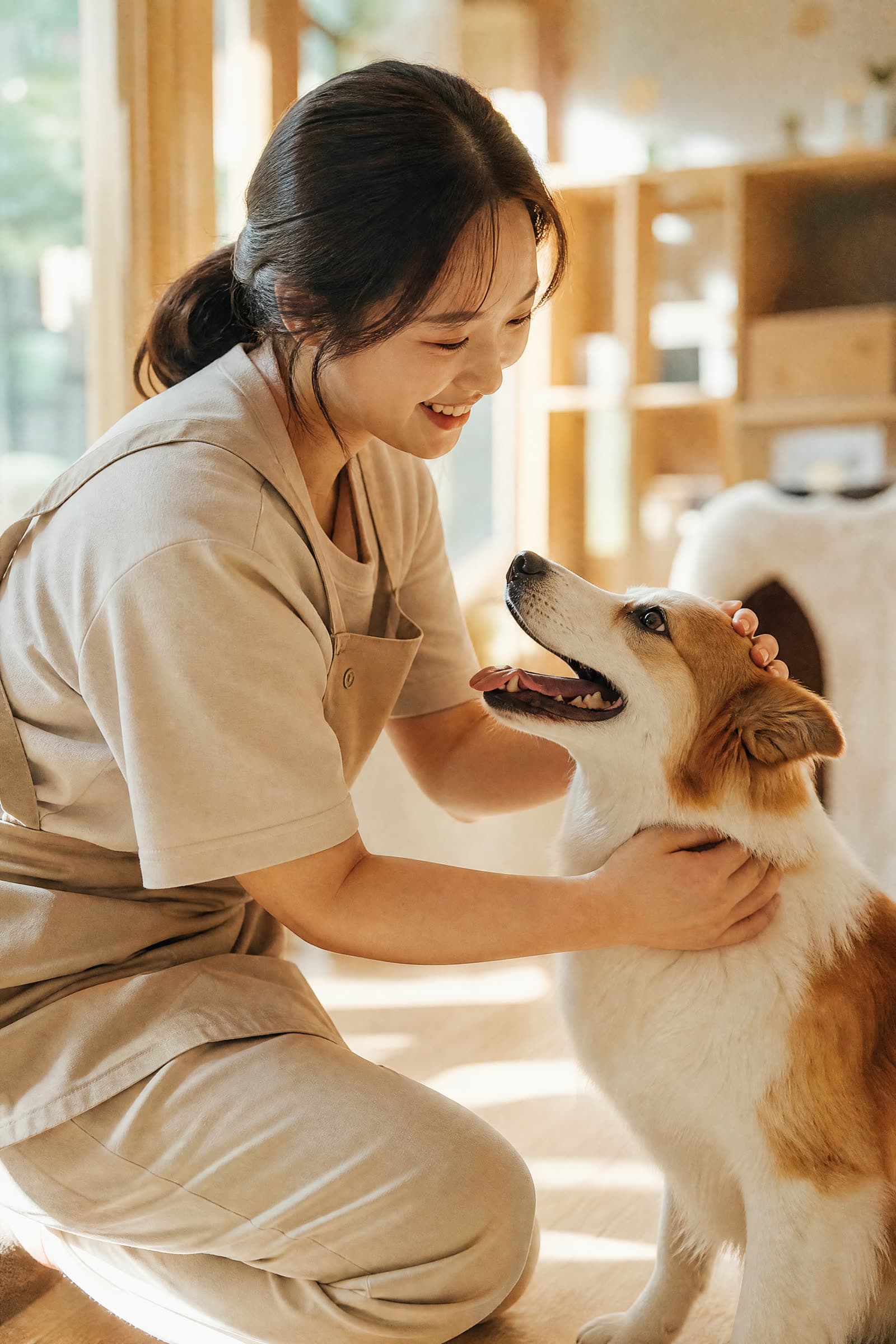 강아지를 살피는 선생님
