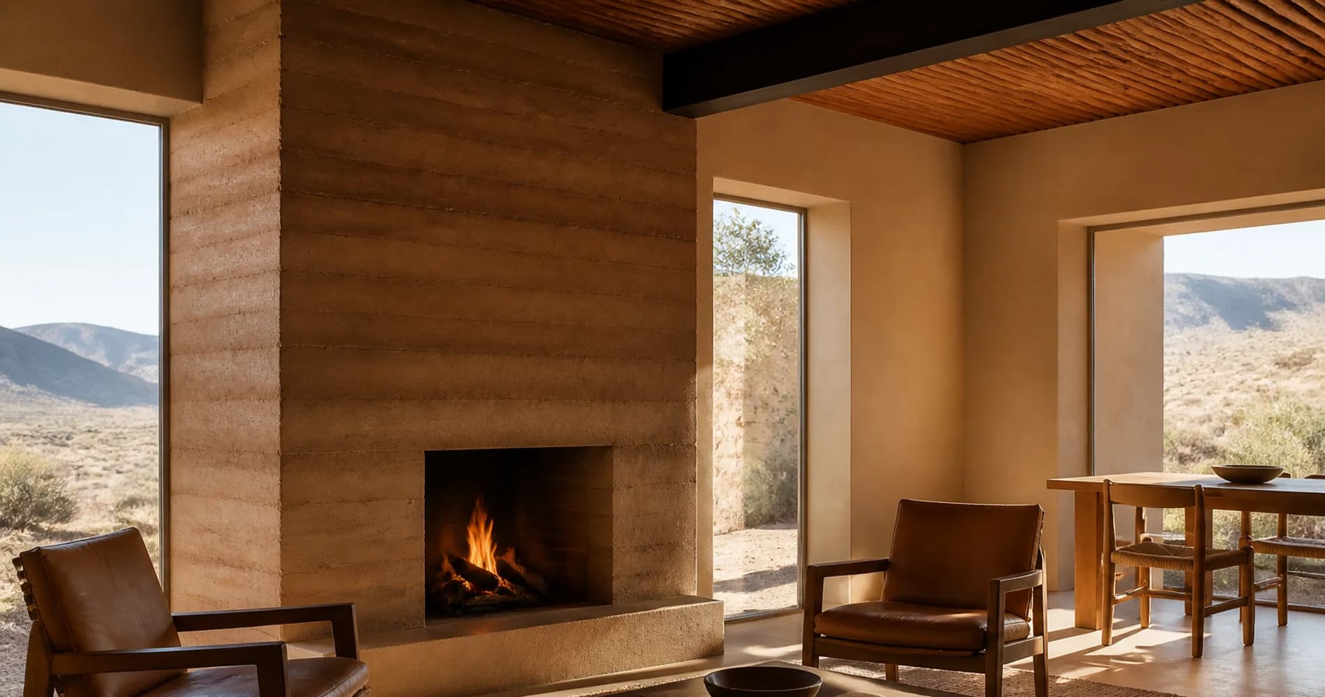 A casita living room with a fireplace set into rammed earth and courtyard light from two sides
