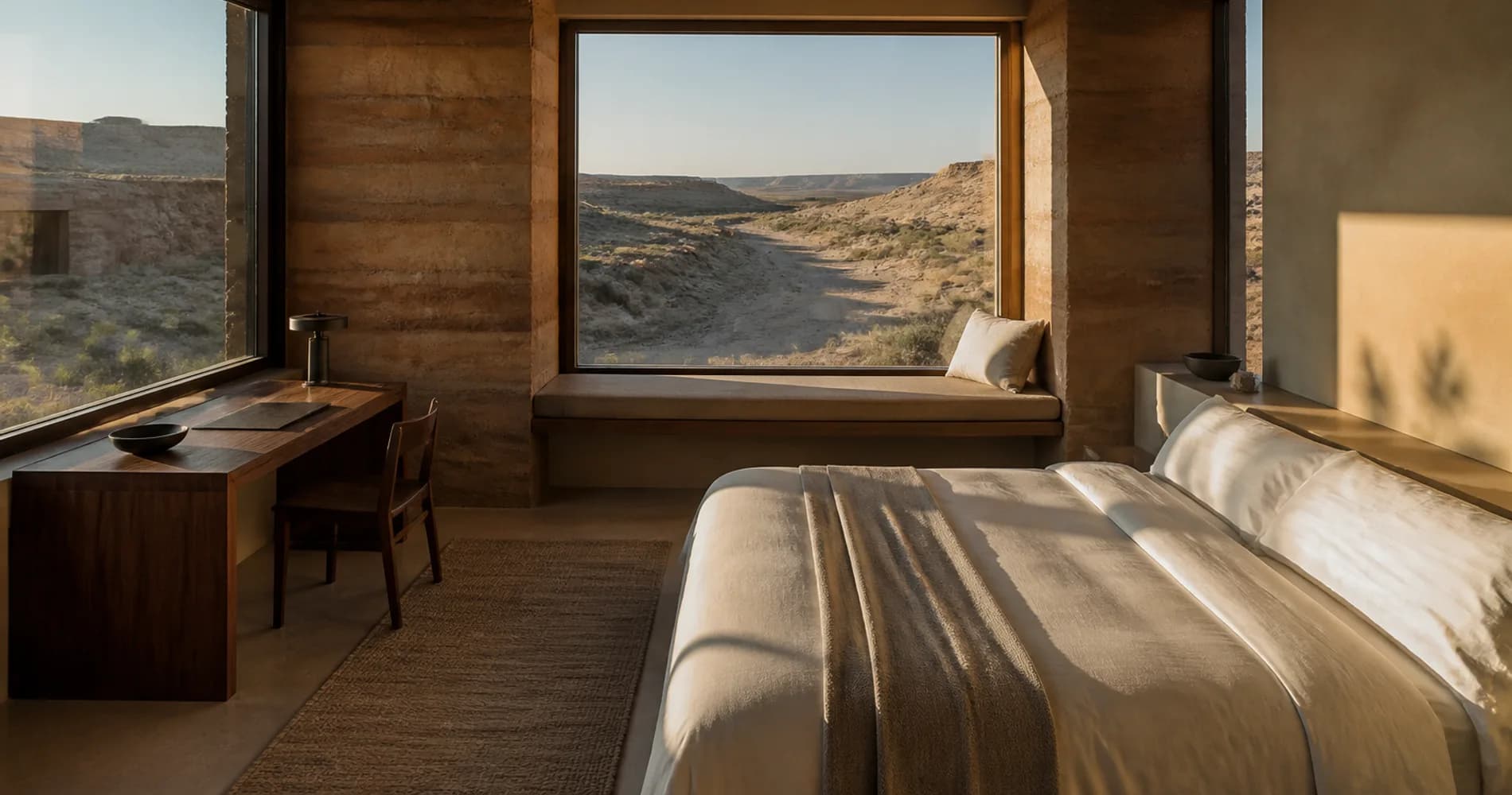 A suite in morning light with white linen on the bed and a desk in raking sun