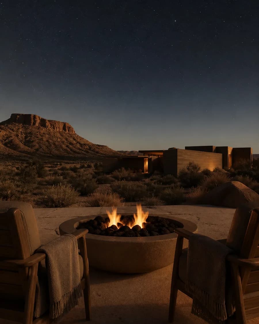 A fire terrace at night with low flames in a stone bowl and two empty chairs