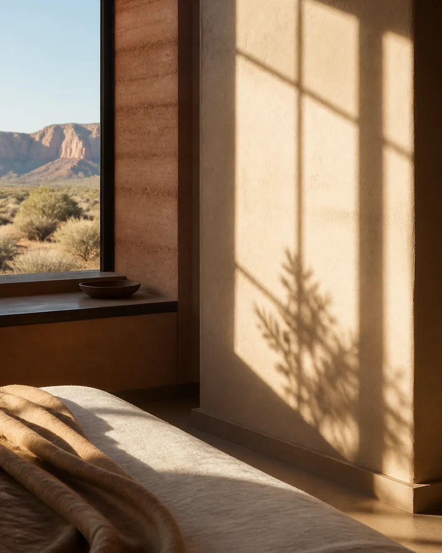 Low morning sun throwing a sharp window shadow across a plaster wall