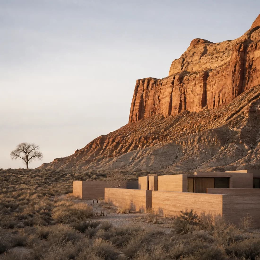 Winter sun on a mesa face, warm rock against a cold pale sky with one bare cottonwood