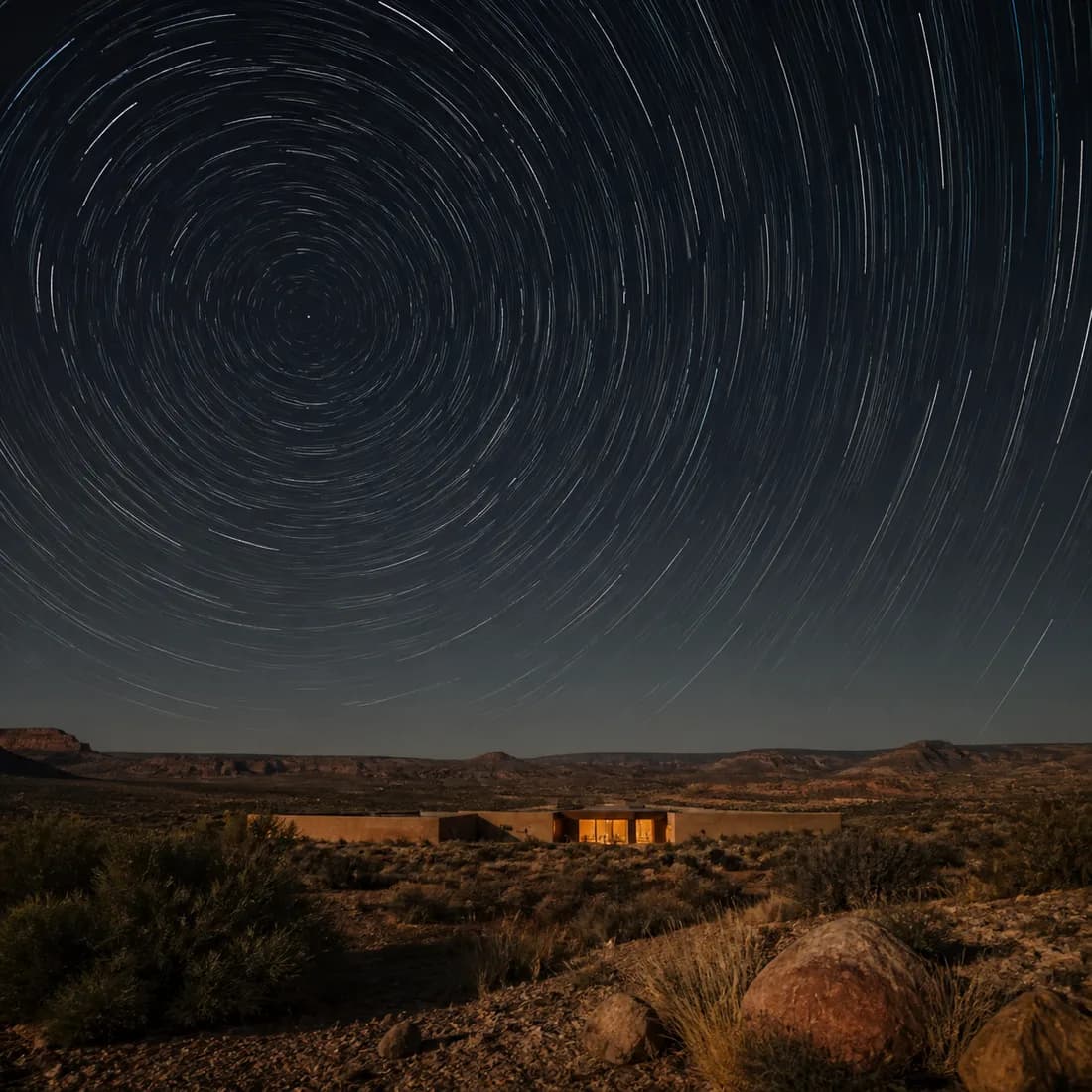 Star trails circling above a dark desert horizon in a long night exposure