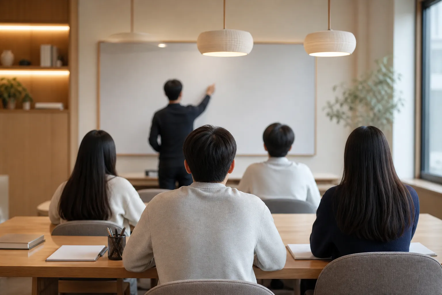 긴 테이블에서 진행 중인 세미나 수업
