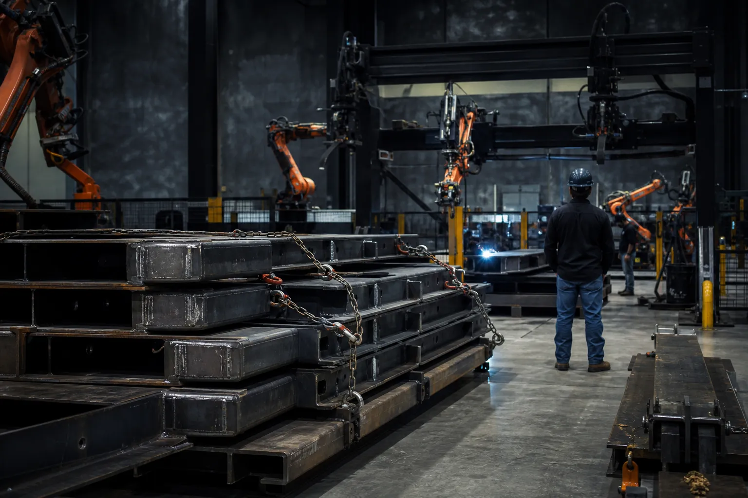 Heavy steel plate sections with fresh weld seams stacked near a robotic gantry.