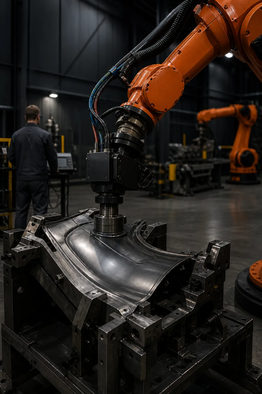 A robot arm pressing a forming tool against a sheet-metal panel held in a fixture.