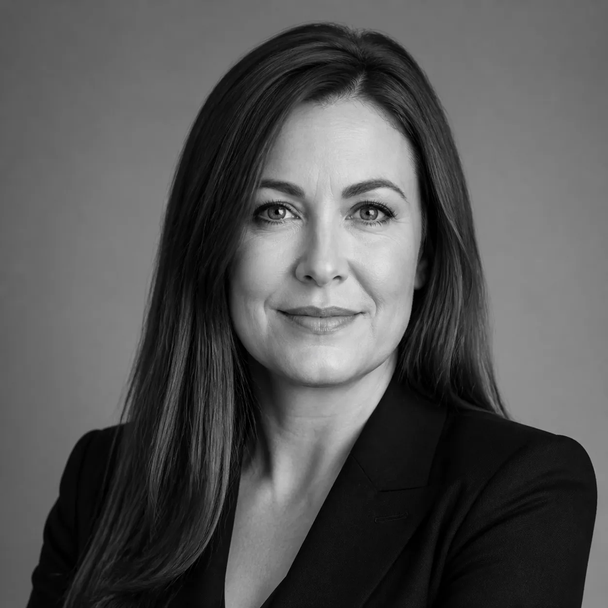 Black and white studio portrait of a presenter in a blazer