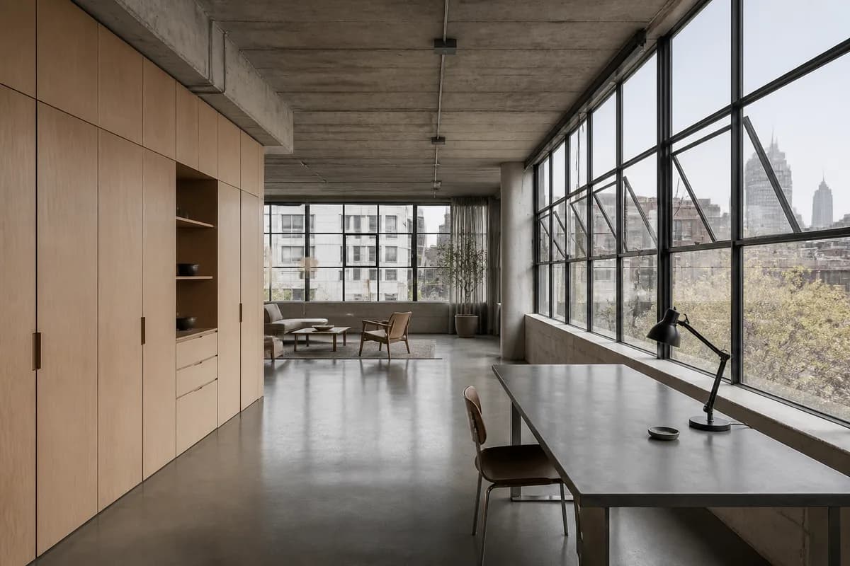 A Greenpoint live-work loft with raw concrete ceiling, exposed conduit and a wall of steel industrial windows