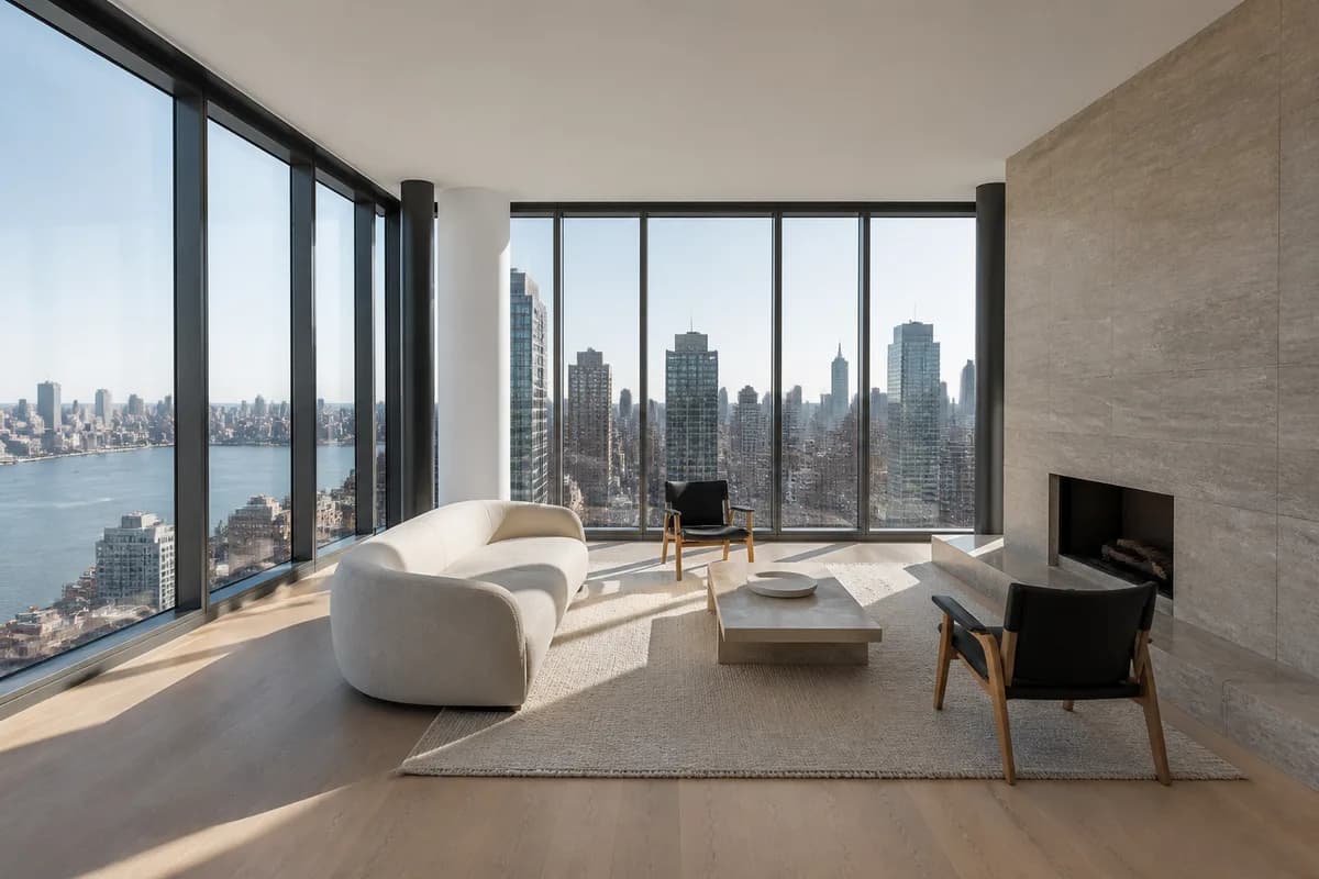 A high-floor Manhattan condominium living room with floor-to-ceiling glass on two sides and a skyline view