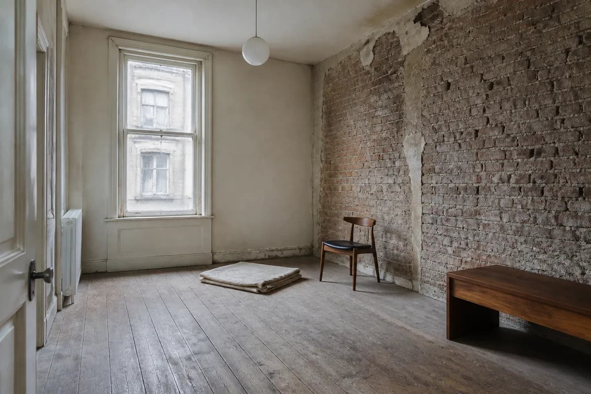 An empty room mid-renovation with bare lath and lime plaster, stripped boards and one sash window
