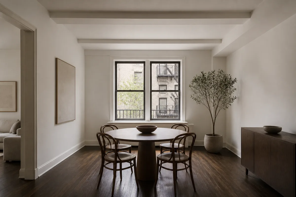 A prewar Upper West Side dining room with a beamed ceiling and a courtyard window with a fire escape beyond