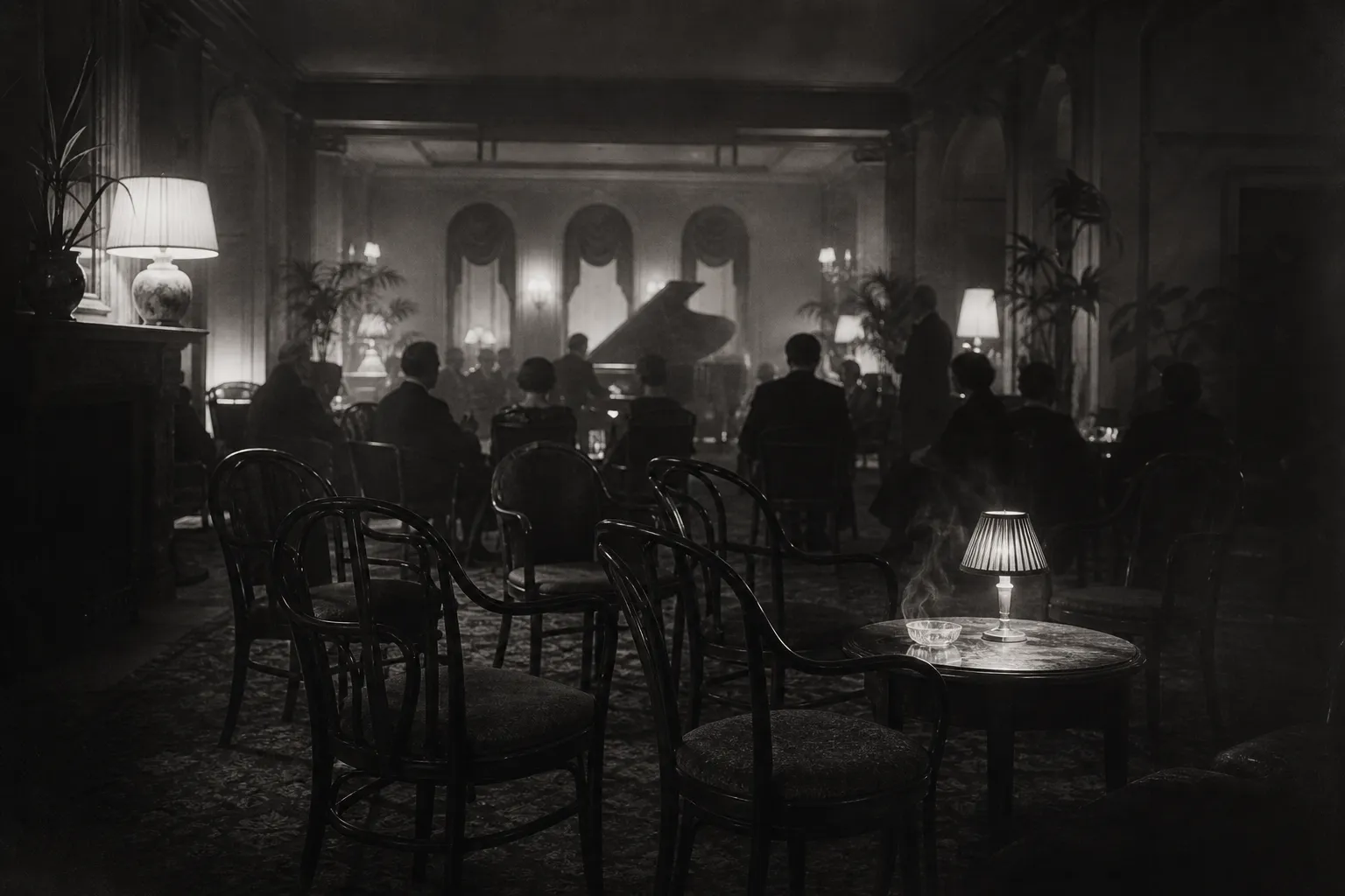 An archival photograph of the parlor room set for an evening: bentwood chairs pulled into loose circles, a grand piano at the far wall, smoke hanging in the lamplight.