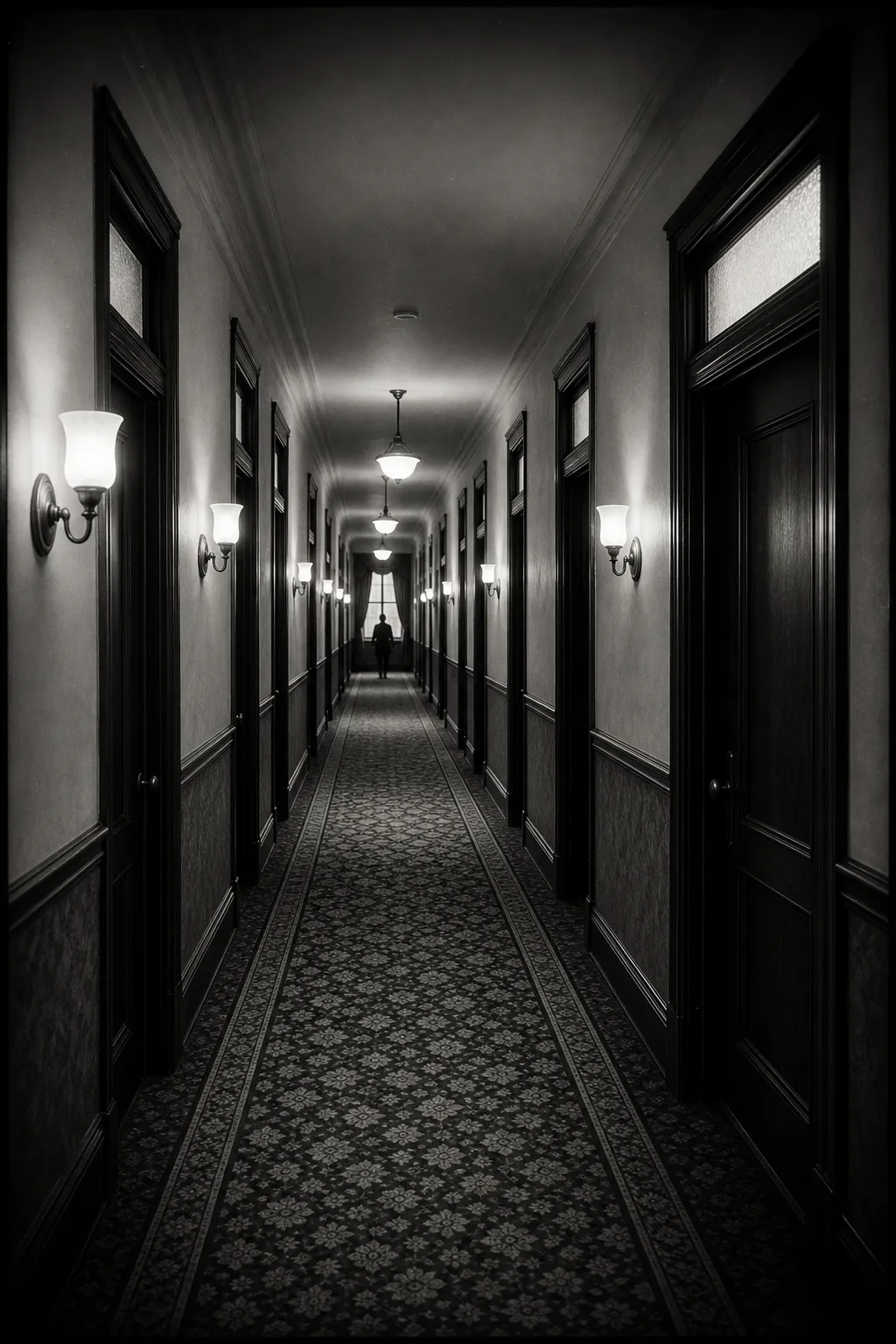 An archival photograph of a guest corridor: transom windows above every dark door, a patterned runner down the middle and wall sconces lit.