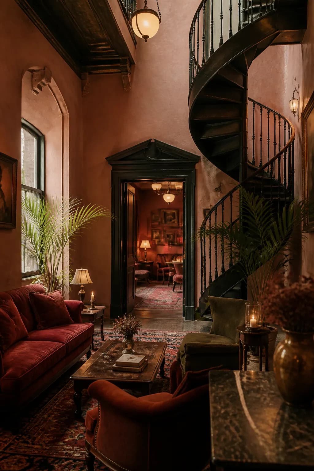 Looking up the well of the cast-iron stair as it coils toward a skylight against blush walls.