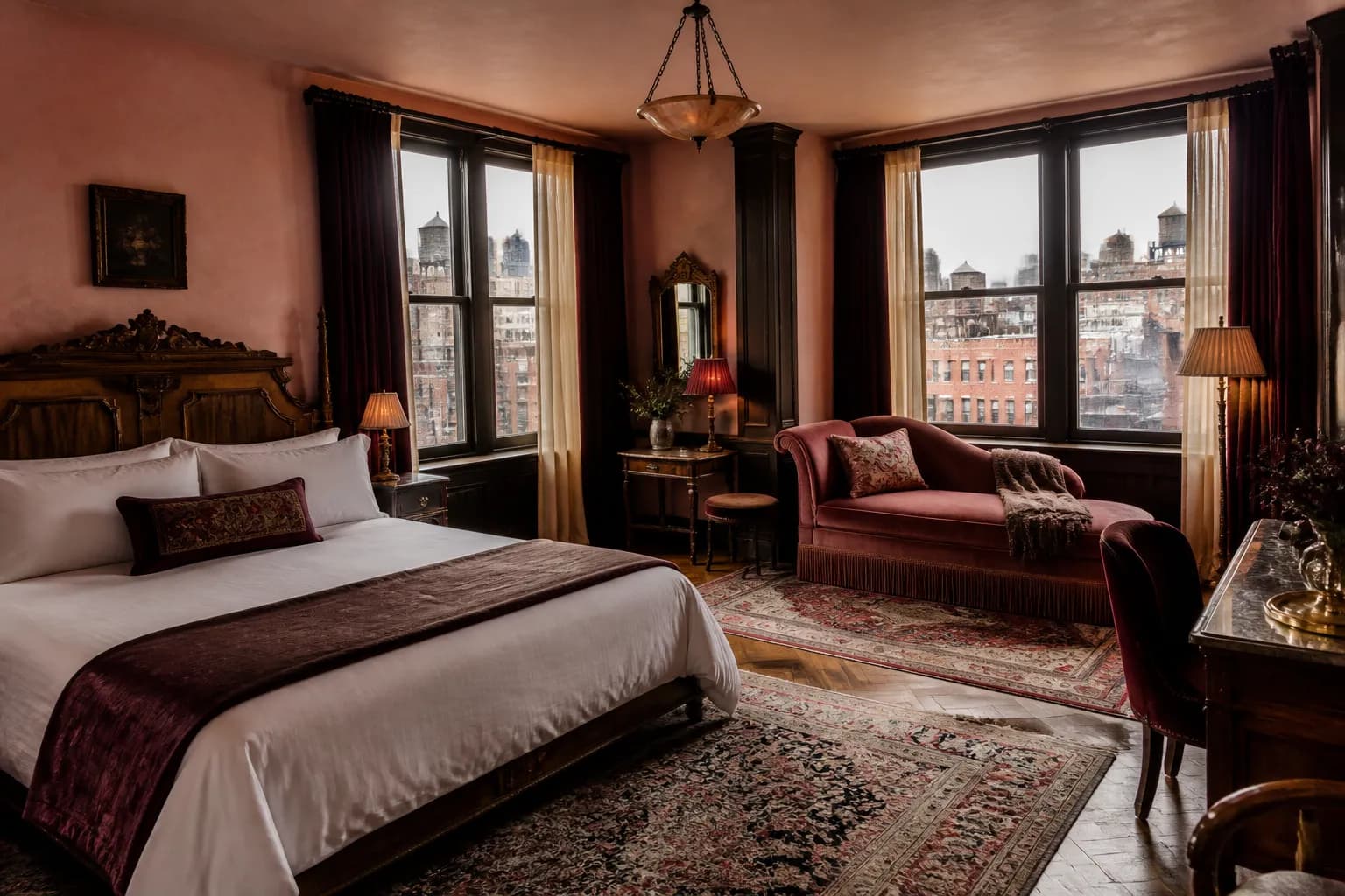 A corner room with windows on two walls, a carved headboard and a rose velvet chaise on layered rugs.