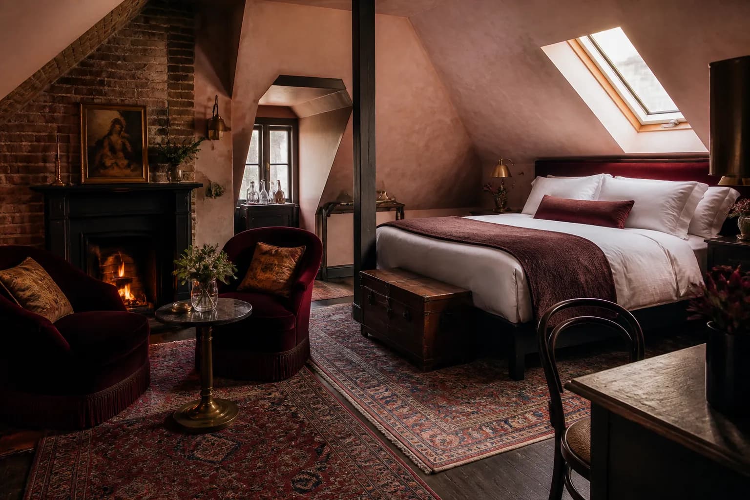 A top-floor suite under sloped ceilings with exposed brick, a skylight over the bed and two velvet armchairs.