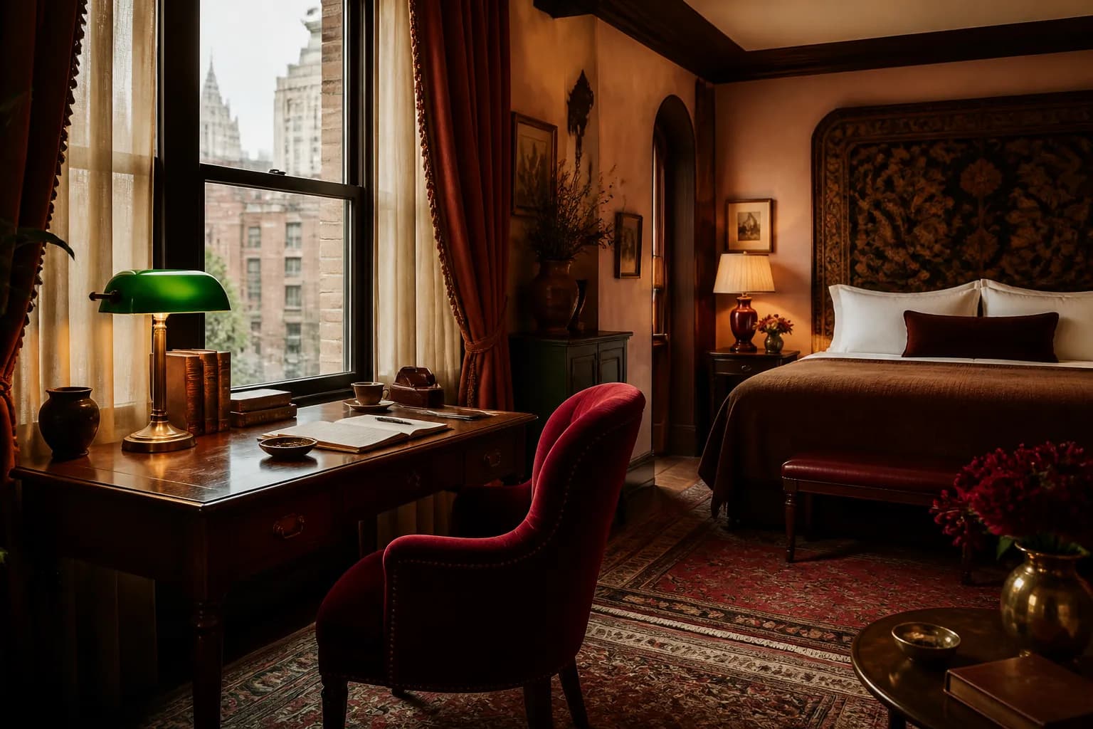 A room arranged as a writer's study: a desk at the window, a velvet reading chair, a king bed beyond.