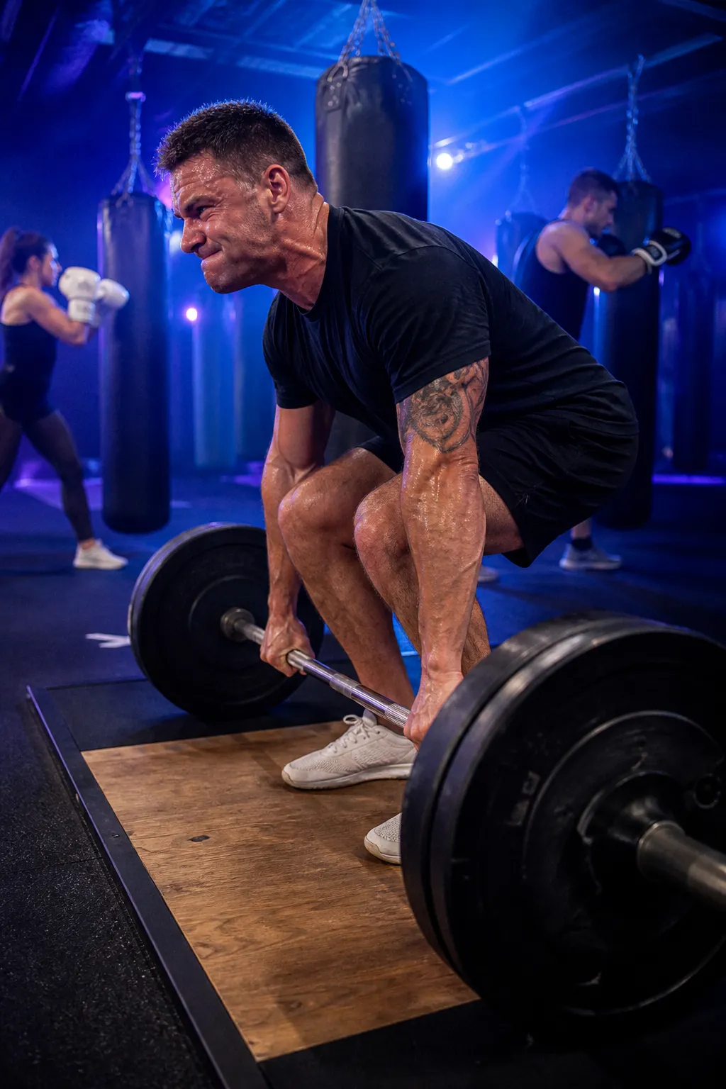 A loaded barbell being pulled from the floor on a lifting platform, knurling in focus