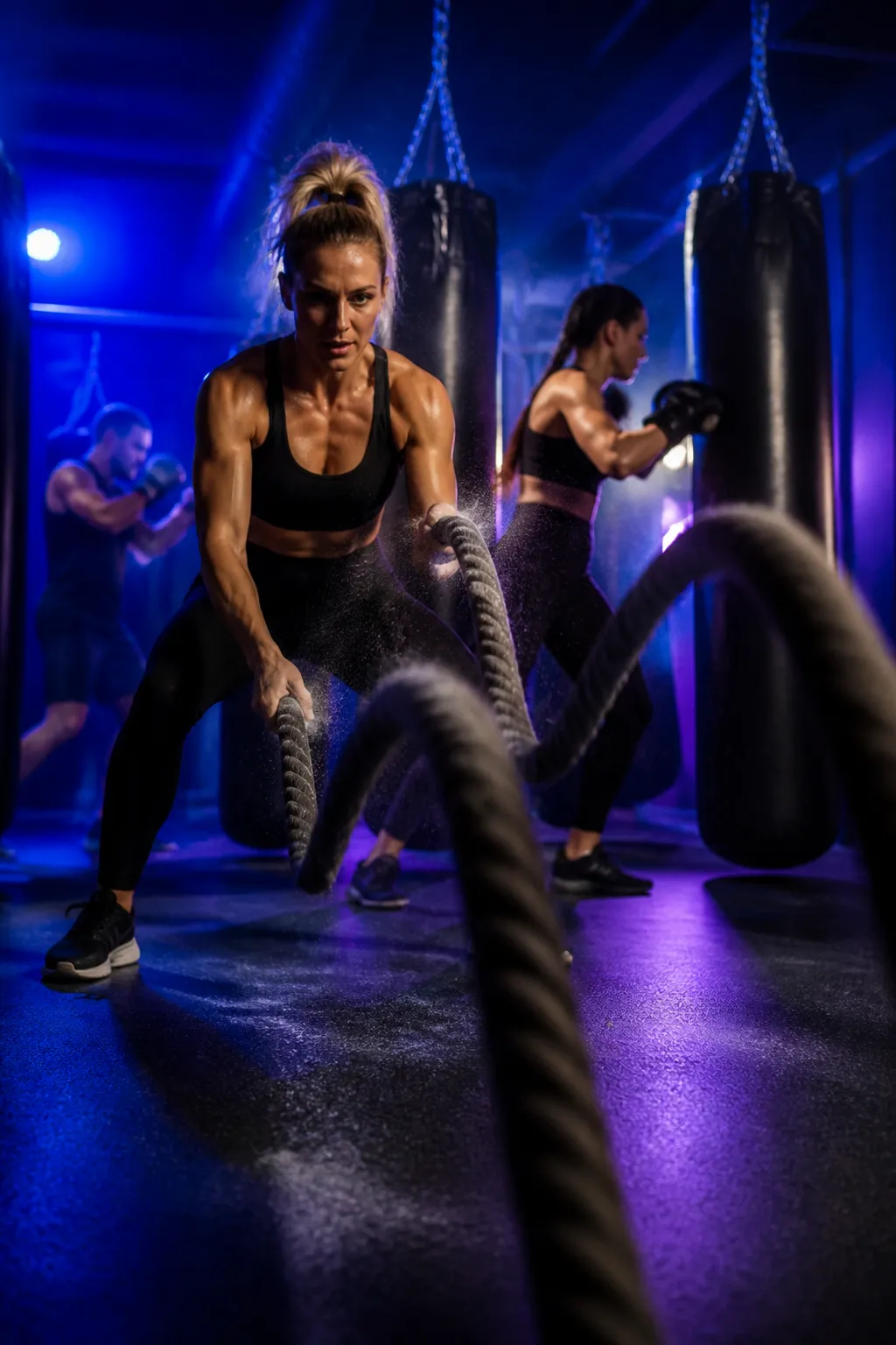 Battle ropes mid-slam sending waves down their length, chalk dust hanging in cobalt light