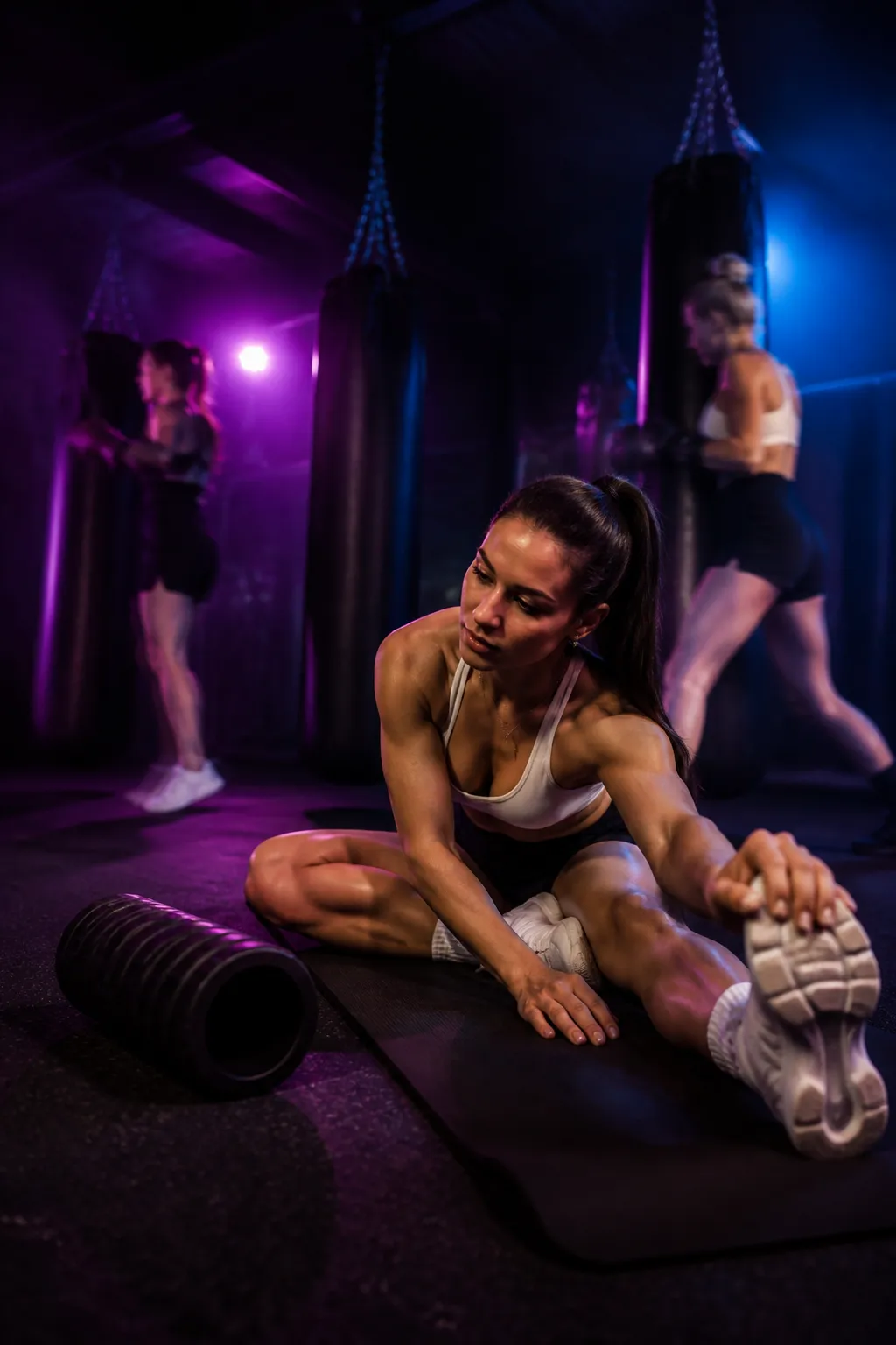 Someone stretching on a mat under warm violet light with a foam roller beside them