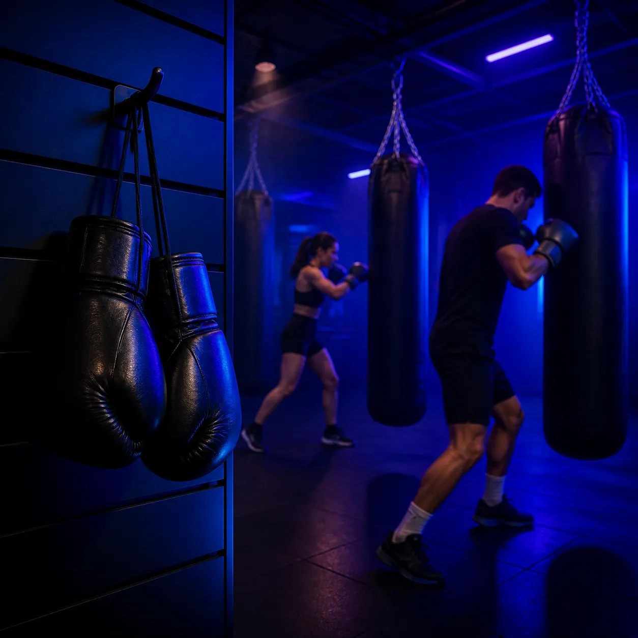 A pair of black boxing gloves hanging on a hook against a black slat wall, cobalt edge light