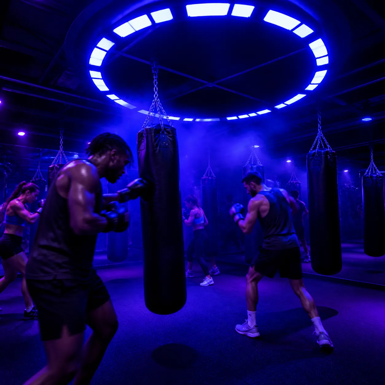 A round-timer light rig on the ceiling washing the room in cobalt between rounds