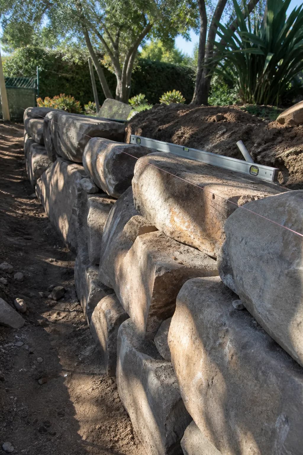 A dry-stacked boulder retaining wall part way through construction with a string line and level on top.