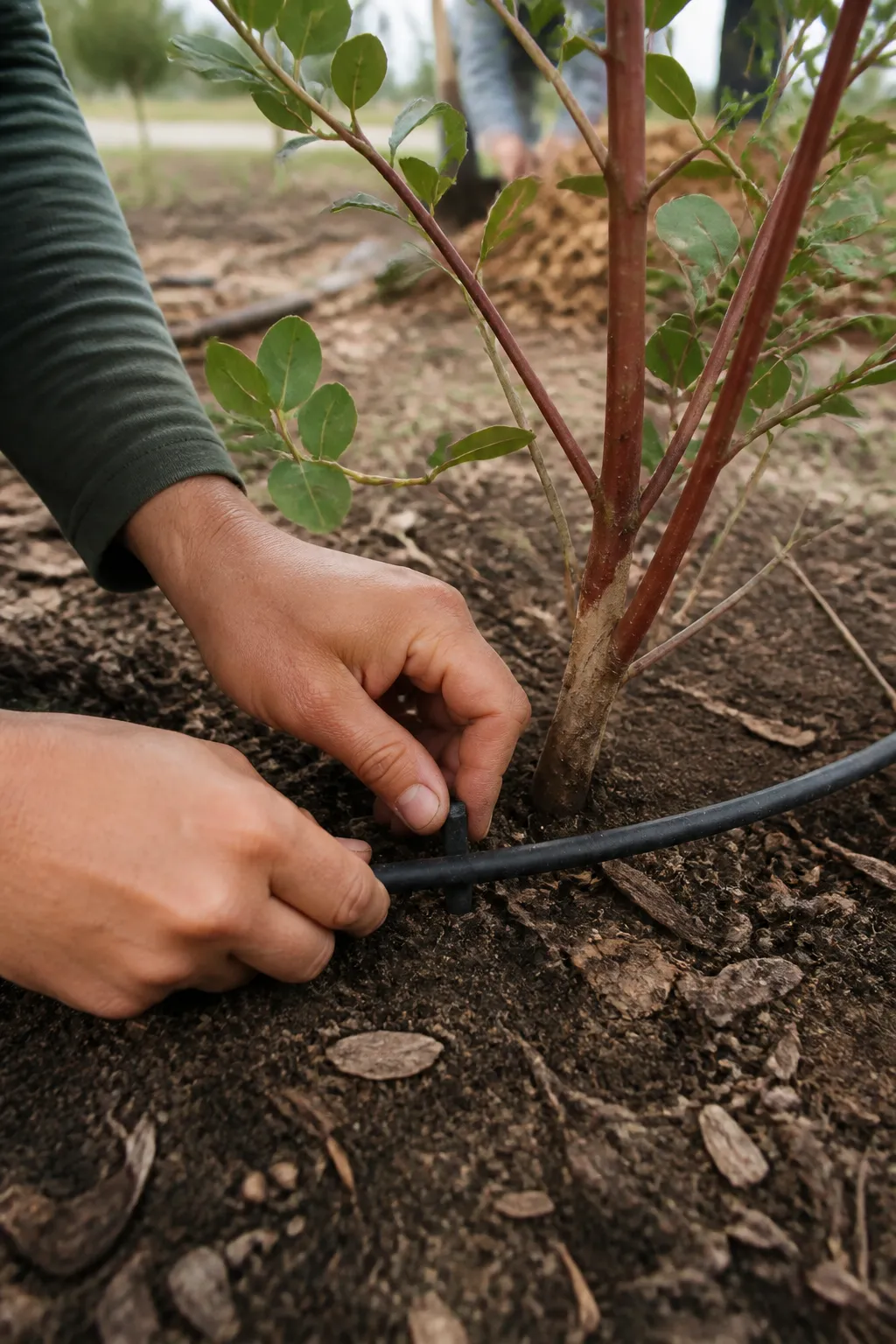 Close view of hands pinning a drip irrigation line into mulch around a young manzanita.