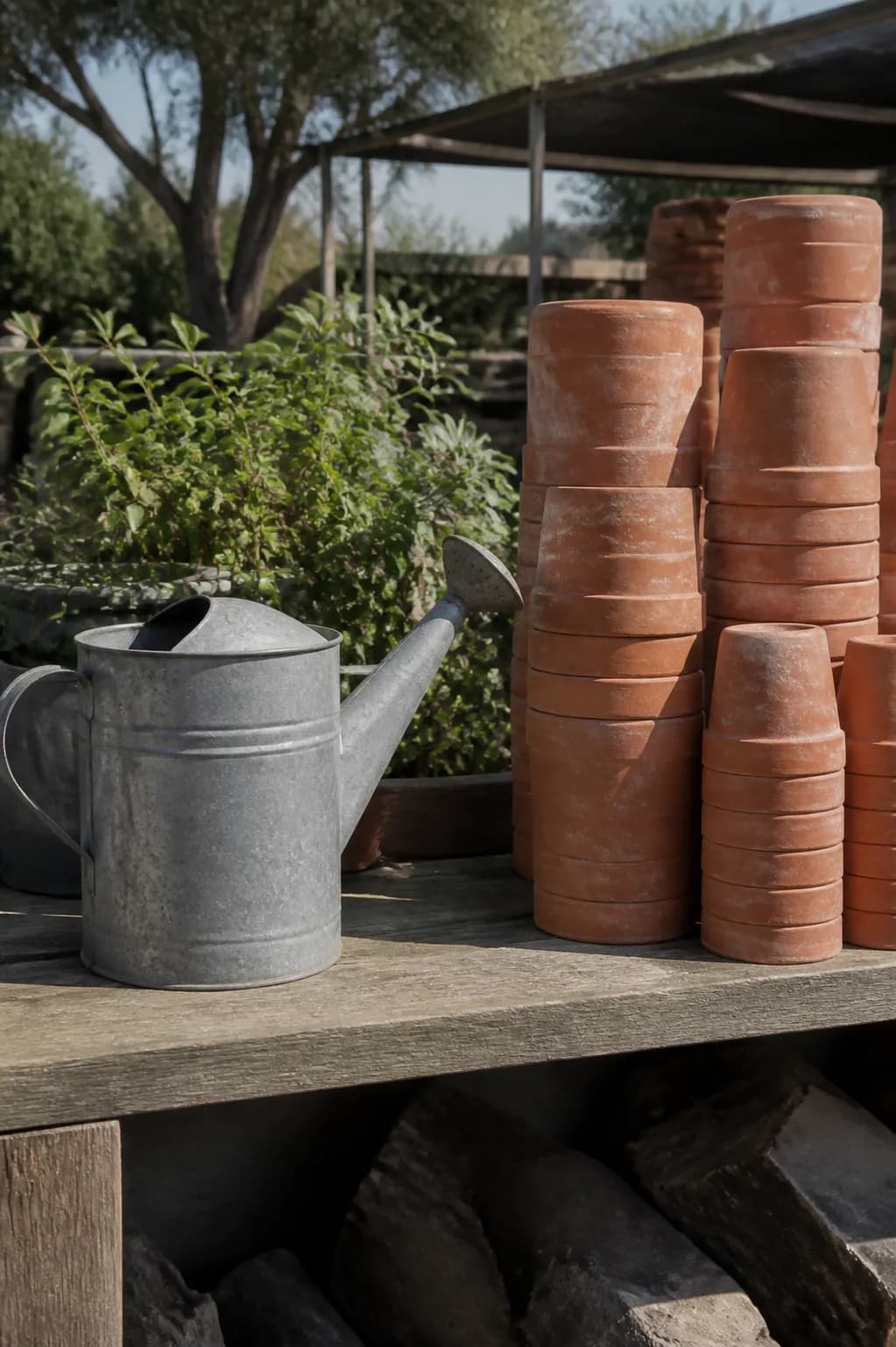 A galvanised watering can and stacked terracotta pots on a nursery bench in morning light.