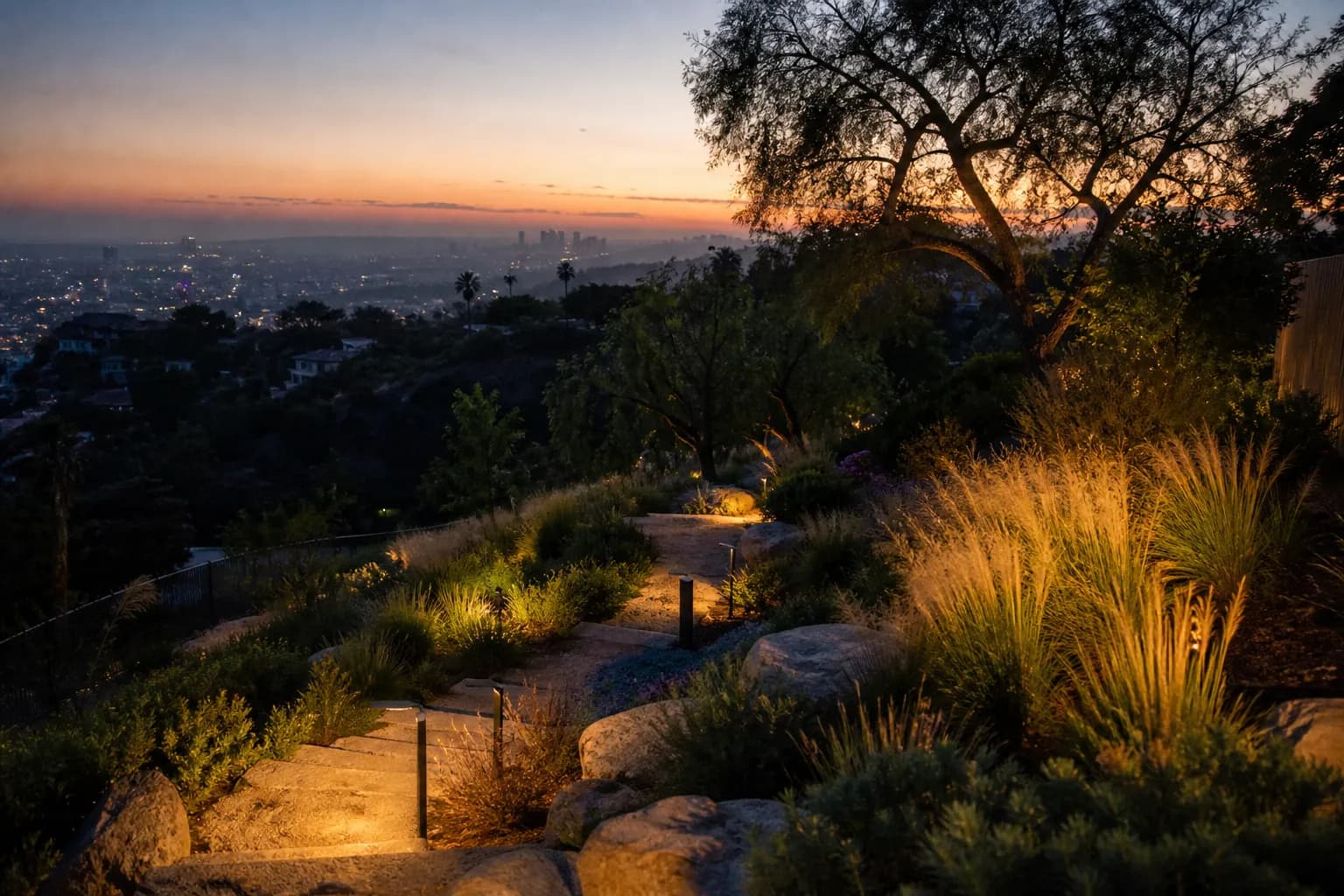 A hillside garden at dusk, native grasses catching the last light with city haze far below.