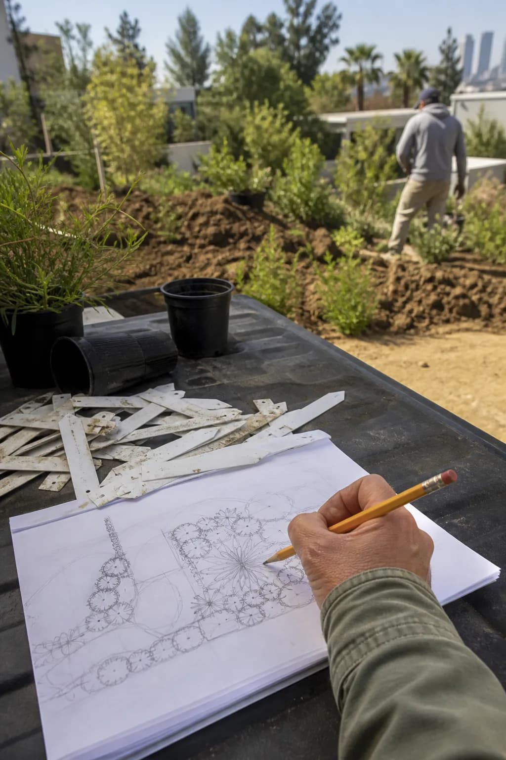 A hand sketching a planting plan on paper spread over a tailgate, pencil and plant tags scattered around.