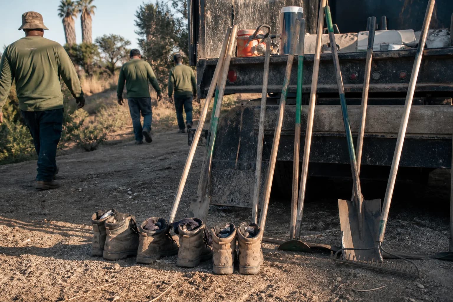 Boots and hand tools lined up by a truck bed at the end of a work day in dusty light.