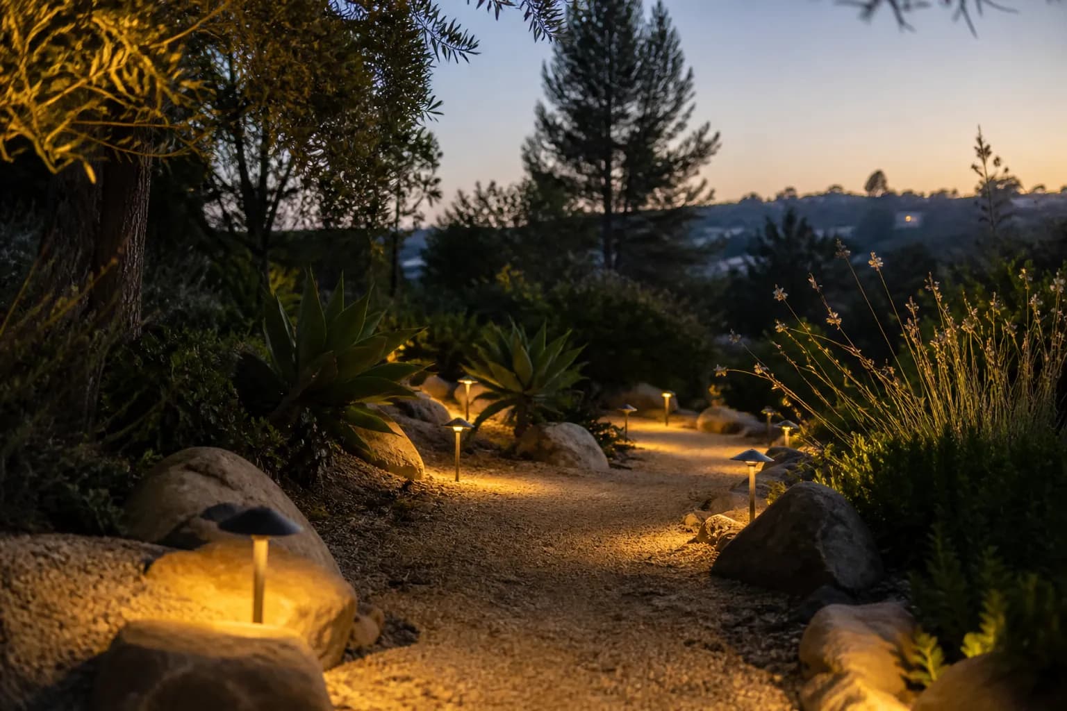 Low garden path lights glowing at dusk along a gravel walk in warm pools of light.