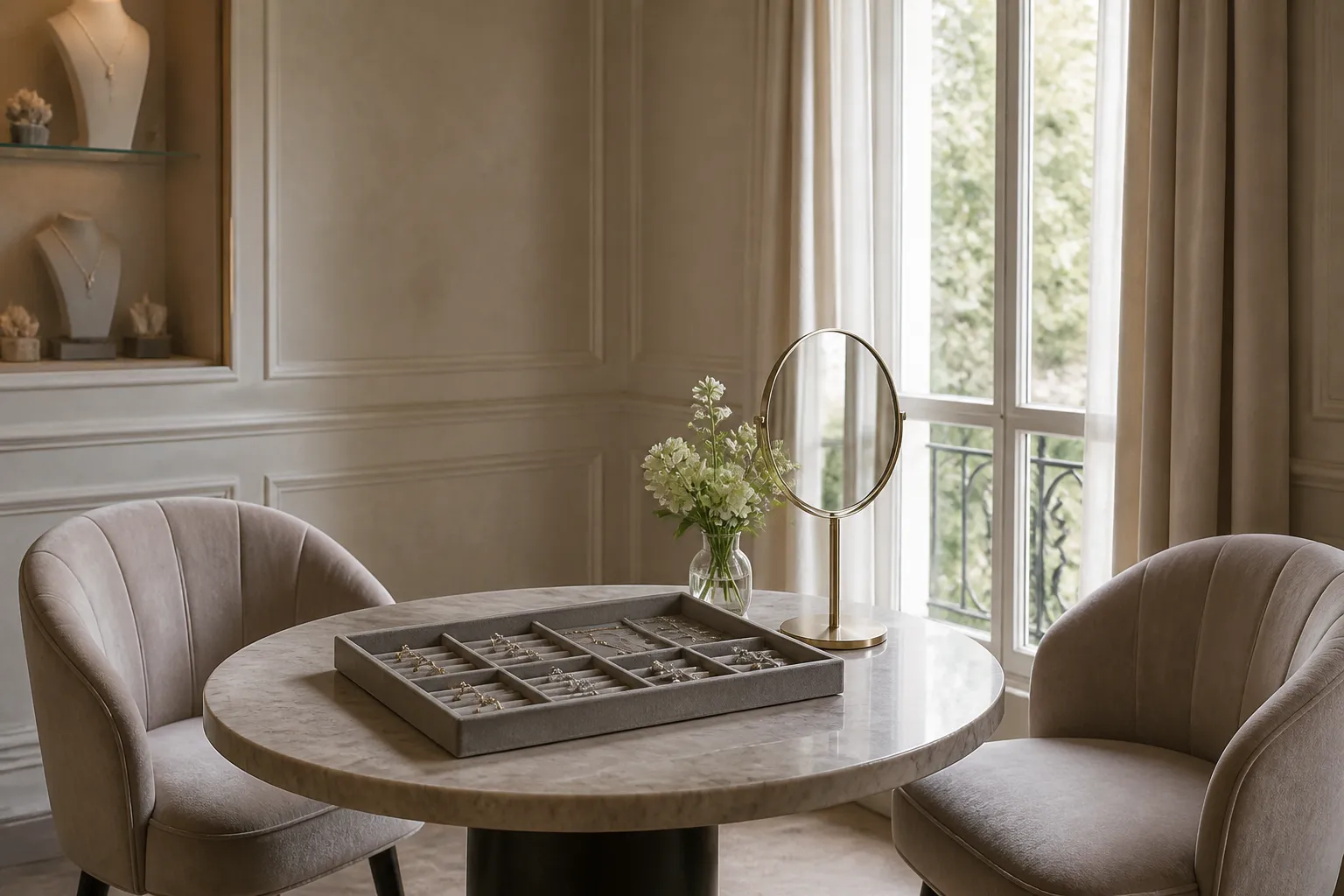 A private jewelry salon interior with a small round table, a grey velvet tray and hand mirror, two chairs and tall window light.