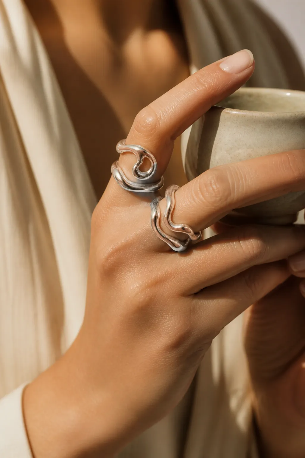 Fingers holding a small ceramic cup, three fluid silver rings across two fingers.