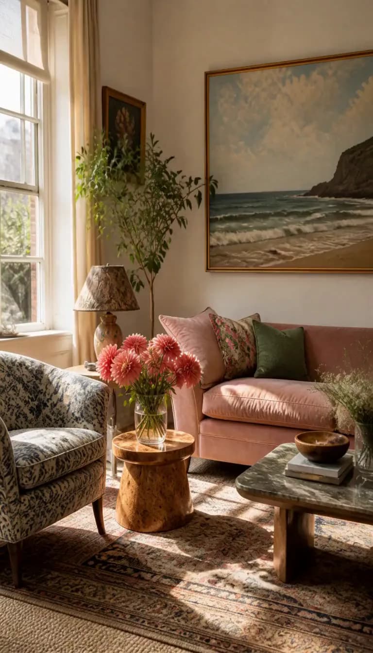 A sunlit living room corner in a collected New York interior: a blush velvet sofa under a large framed seaside painting, coral dahlias in a glass vase on a burl side table, a patterned armchair and a layered vintage rug.