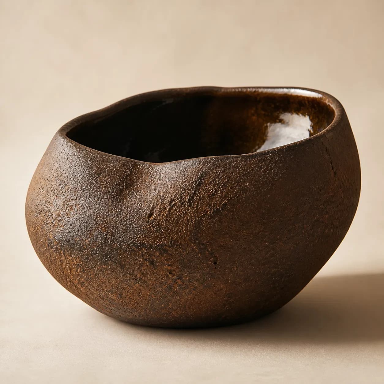 A large hand-built stoneware vessel with a rough umber exterior and a glossy glazed interior.