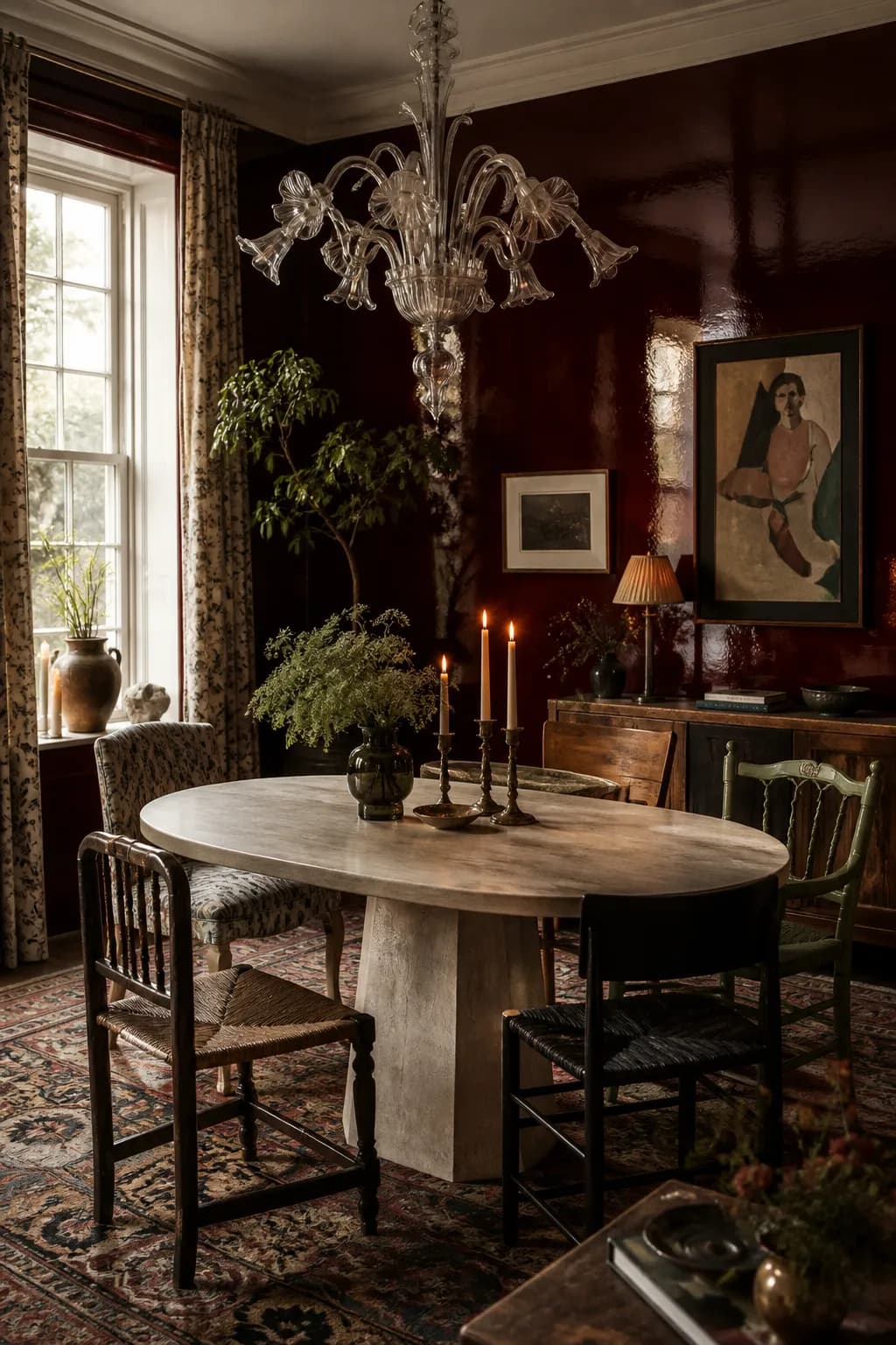 A townhouse dining room with oxblood lacquered walls, an oval travertine table, mismatched vintage chairs and a glass chandelier, lit by candles and window light together.