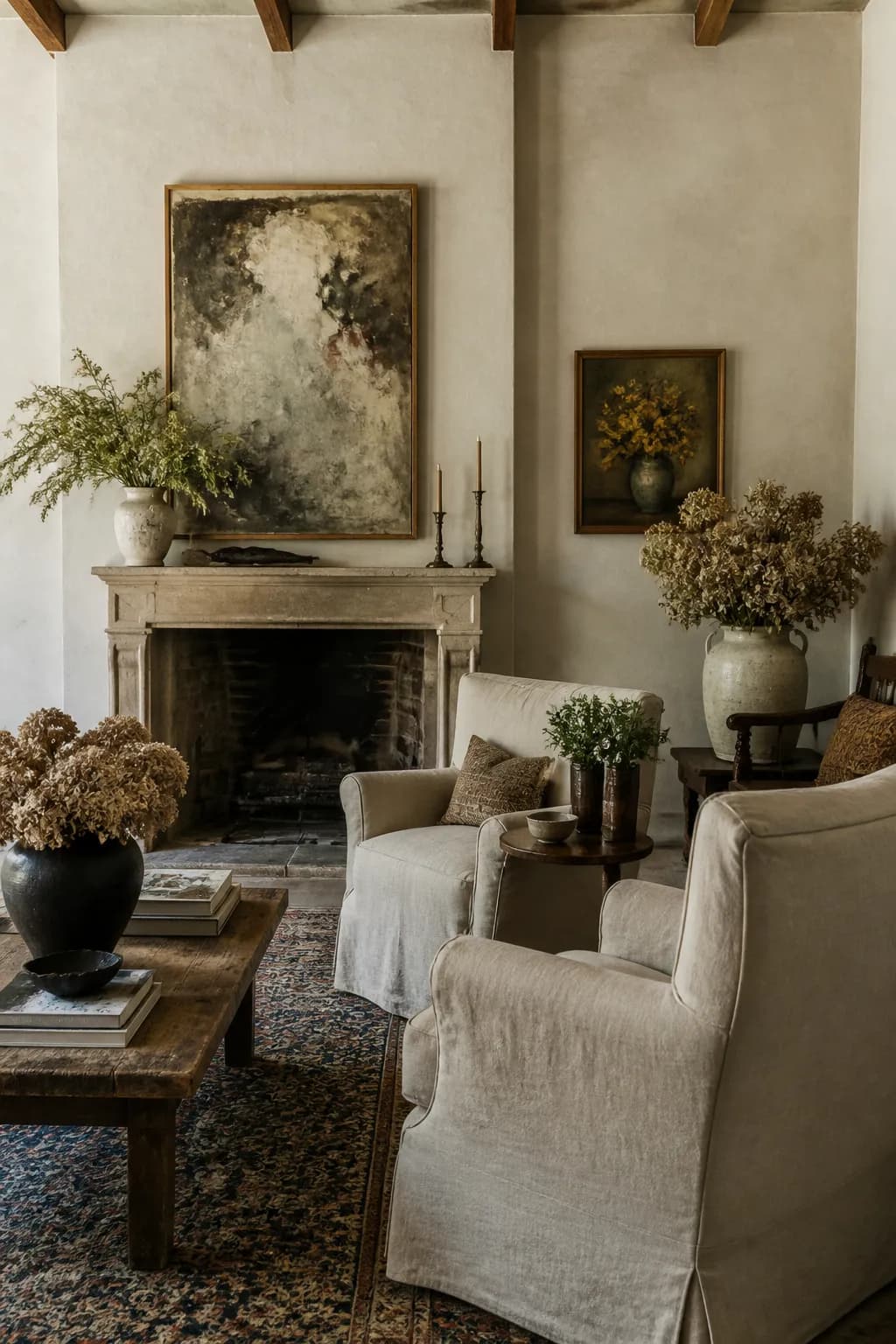 A farmhouse sitting room with limewashed walls, a stone fireplace, slipcovered linen chairs, an antique wood bench and dried flowers in a crock.