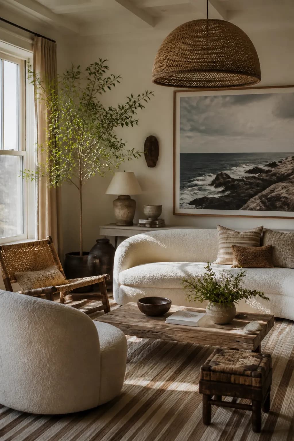 A coastal living room in driftwood tones with bouclé seating, a woven pendant, a large seascape photograph and a striped cotton rug.