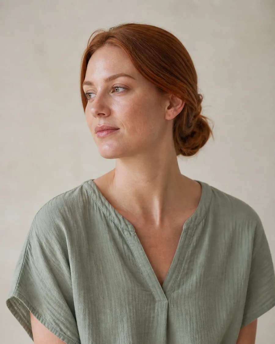 A portrait of a woman with red hair in a low bun, in a sage tunic