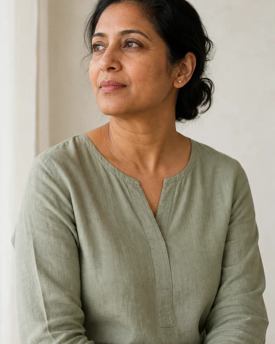 A portrait of a woman with dark hair tied back, in a sage tunic